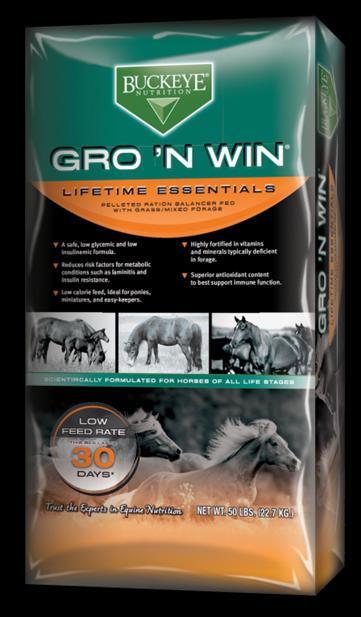 GRO 'N WIN Crude Protein, Minimum 32.00% Not all forage is created equal. That's why GRO 'N WIN is the perfect ration balancer to complement your horse's forage.