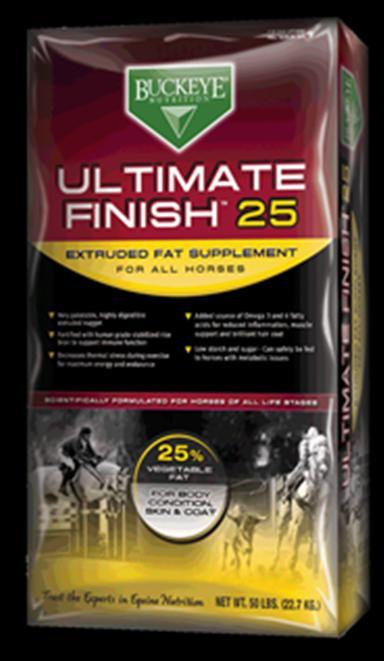 ULTIMATE FINISH 25% fat supplement used to increase calories without adding more grain $44.44 Crude Protein, Min. 12.00% Crude Fat, Min. 25.00% Crude Fiber, Max. 8.00% Calcium, Min. 0.