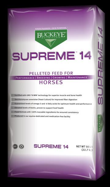 Supreme 14 Supreme 14 by BUCKEYE Nutrition delivers your horse winning nutrition whether at maintenance or on the track.