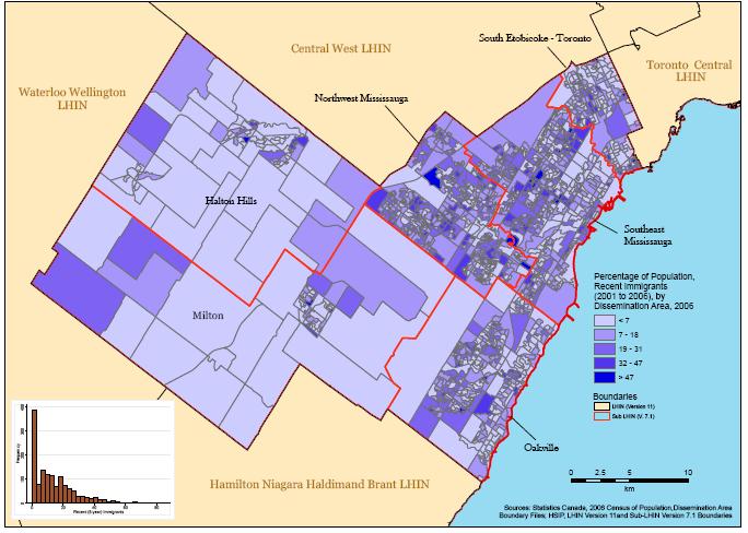 Diversity: Percentage of Population, Recent Immigrants This map shows the percentage of the population in each Dissemination Area in the MH LHIN who are recent immigrants.