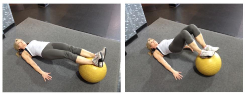 15. Hamstring Curl on Gliders or Stability Ball Balance on the upper back and shoulders while placing the heels on the stability ball to get into a reverse