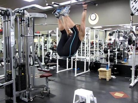 Hanging Leg Raise Hang from a chin-up bar using an overhand grip. Brace your abs.