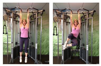 17. Hanging Oblique Leg Raise Hang from a bar Lift right knee towards