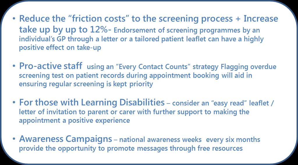 Supporting actions in Screening Web resources Evidence of how combined, tailored approaches can have an effect on increasing bowel screening uptake