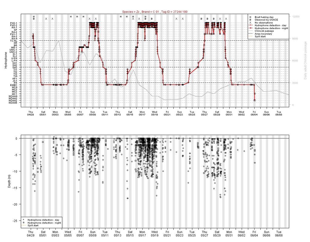 Fig. 4. Acoustic telemetry data from California sea lion C01.