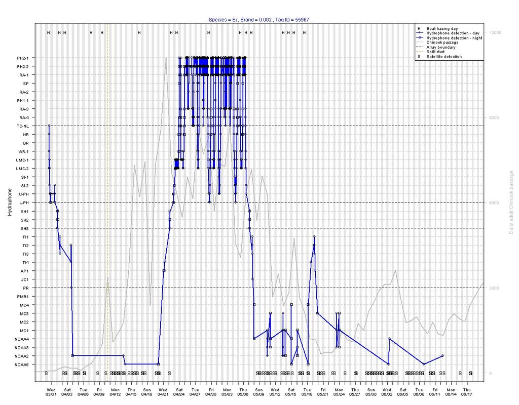 Fig. 10. Acoustic telemetry data from Steller sea lion 0-002.