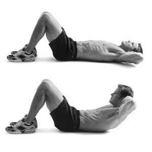 B. Abdominal Crunches (1 minute) Purpose: Strengthen the abdominals (rectus abdominus, obliques) Instruction: Lie on the ground with your knees bent.