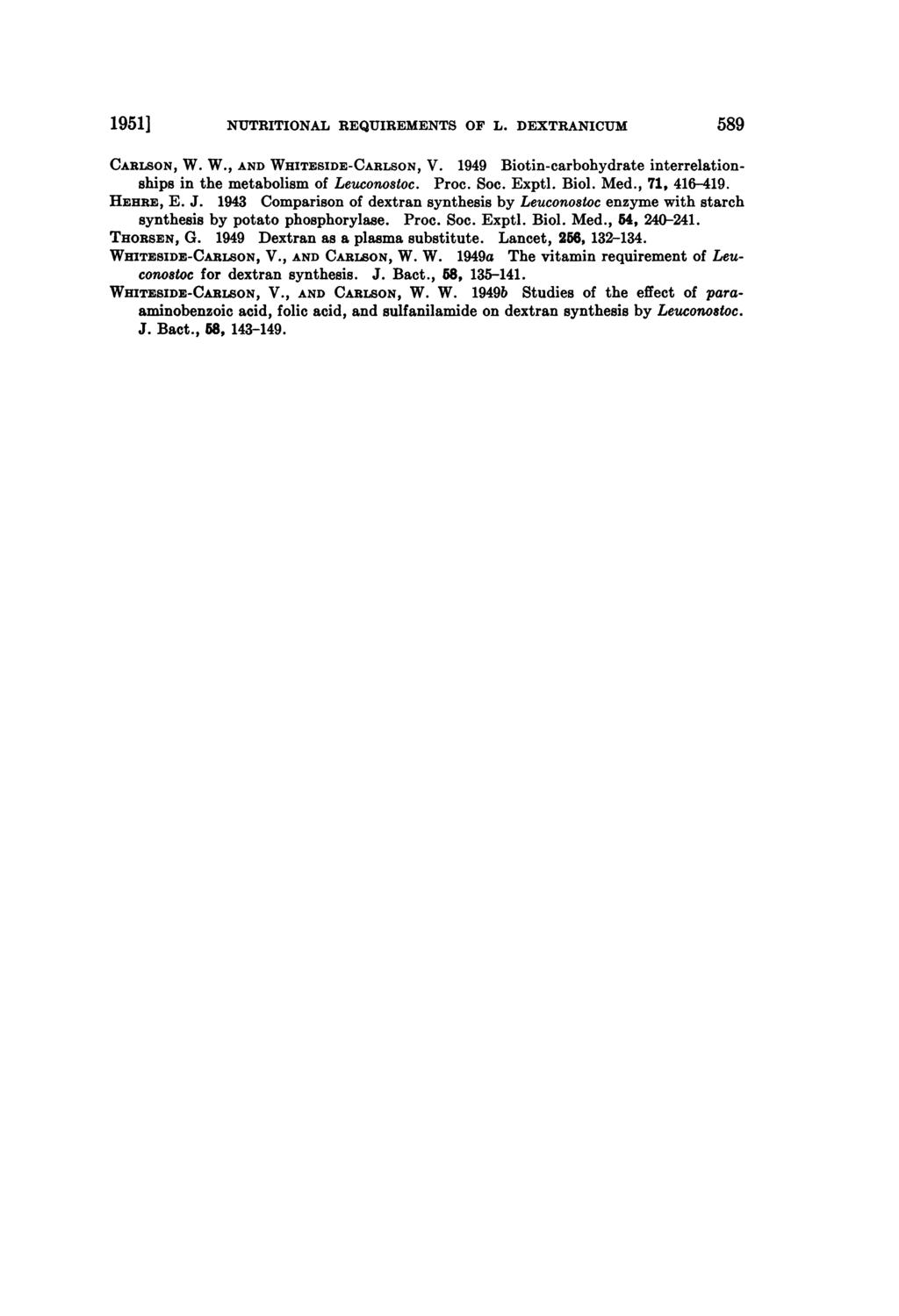 1951] NUTRITIONAL REQUIREMENTS OF L. DEXTRANICUM 589 CARLSON, W. W., AND WHITESIDE-CARLSON, V. 1949 Biotin-carbohydrate interrelationships in the metabolism of Leuconostoc. Proc. Soc. Exptl. Biol.