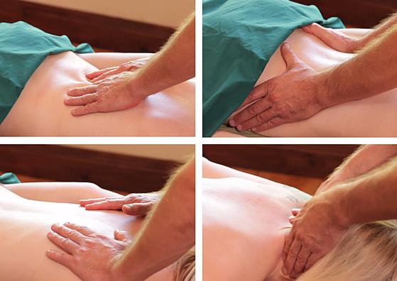 Spread your hands towards the scapula and follow the contours of the body and then come up into the neck. *Don't slide your fingers under the sheet.