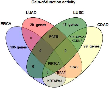 A. B. Pavel & C. I. Vasile (a) Fig. 7. The overlap of the cancer genes between the four cancer types. (a) Very few active ONGs are present in multiple cancer types.