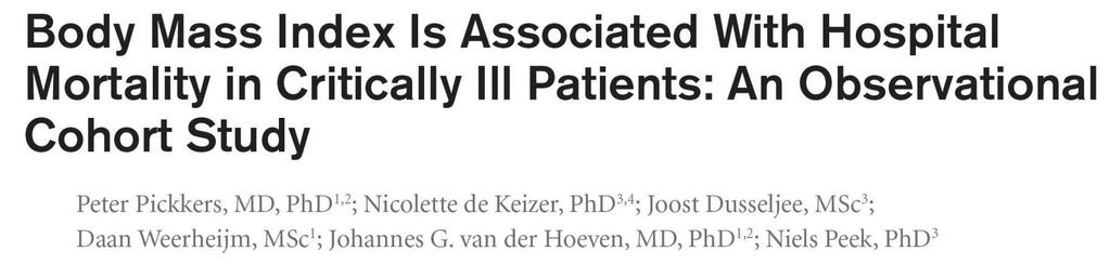 20 10 5 2.5 1.0 Absolute mortality rate (%) Relative risk 30 25 20 Observational cohort study in Dutch 154,308 ICU patients Hospital mortality, increasing for BMI <18.