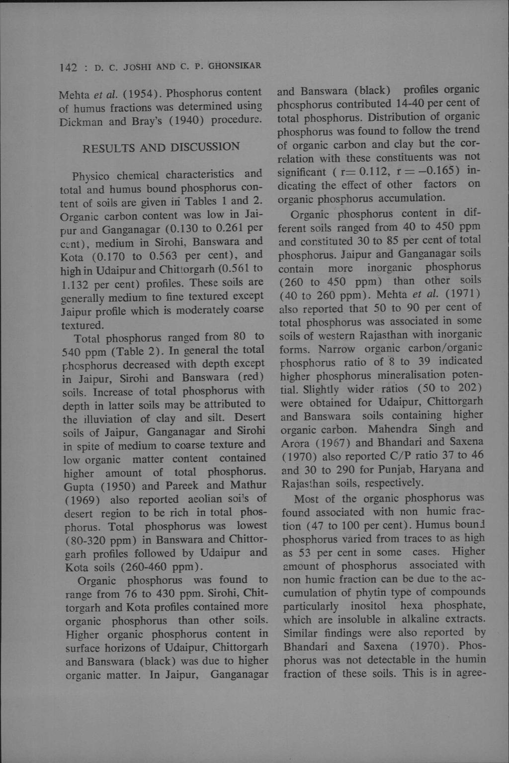 142 : D. C. JOSHI AND C. P. GHONSIKAR Mehta et ai. (1954). Phsphrus cntent f humus fractins was determined using Dickman and Bray's (1940) prcedure.