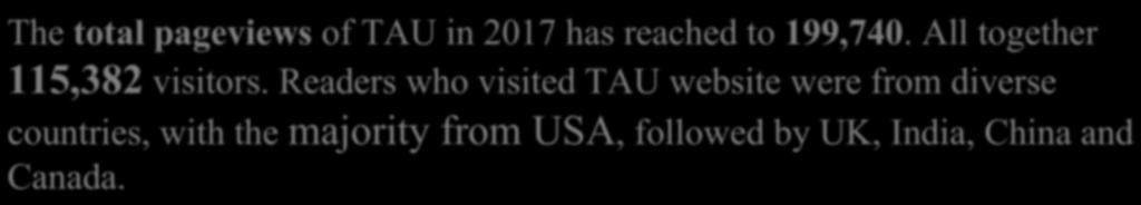 11. Website Visits in 2017 25000 20000 15000 10000 5000 0 Jan. Feb. Mar. Apr. May Jun. Jul. Aug. Sep. Oct. Nov. Dec. The total pageviews of TAU in 2017 has reached to 199,740.