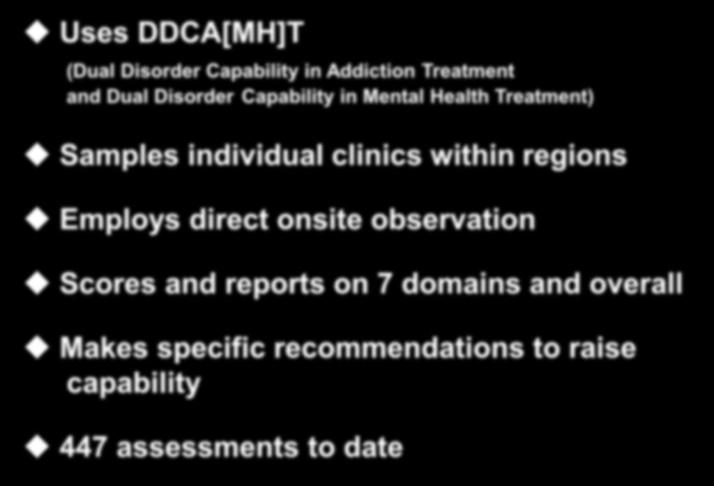CEIC Assessment Methods Uses DDCA[MH]T (Dual Disorder Capability in Addiction Treatment and Dual Disorder Capability in Mental Health Treatment) Samples individual
