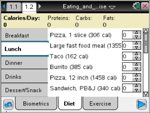 Discussion Points and Possible Answers Move to the Biometrics tab. In this simulation, students will find three tabsbiometrics, Diet, and Exercise.