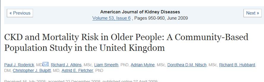 Evidence of poorer outcomes in people over 75years with CKD only evident after egfr<45mls/min In older