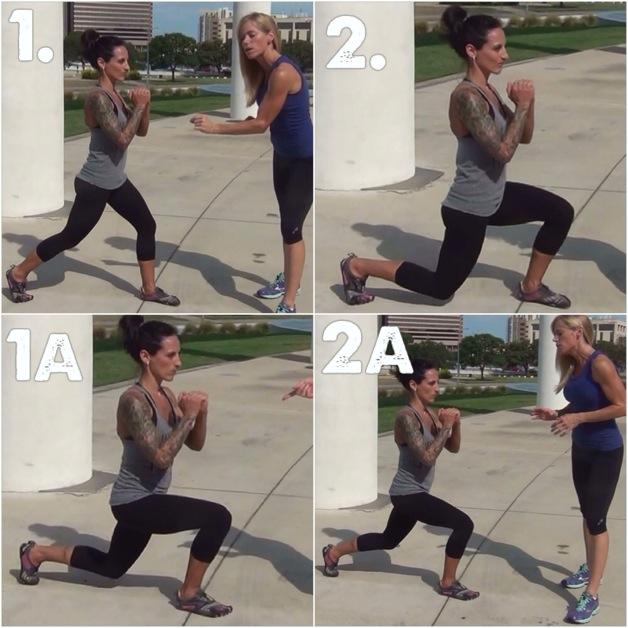 Move 3: Alternating Reverse Lunge with 4-Count Pulse Begin standing, with feet hip distance apart. Take one step behind you with your left foot forward, dropping into reverse lunge.