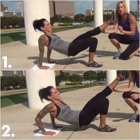 Move 5: Triceps Dips with One Leg Lift From tabletop position, lift your left leg off the ground and extend it straight at a 45 degree angle.