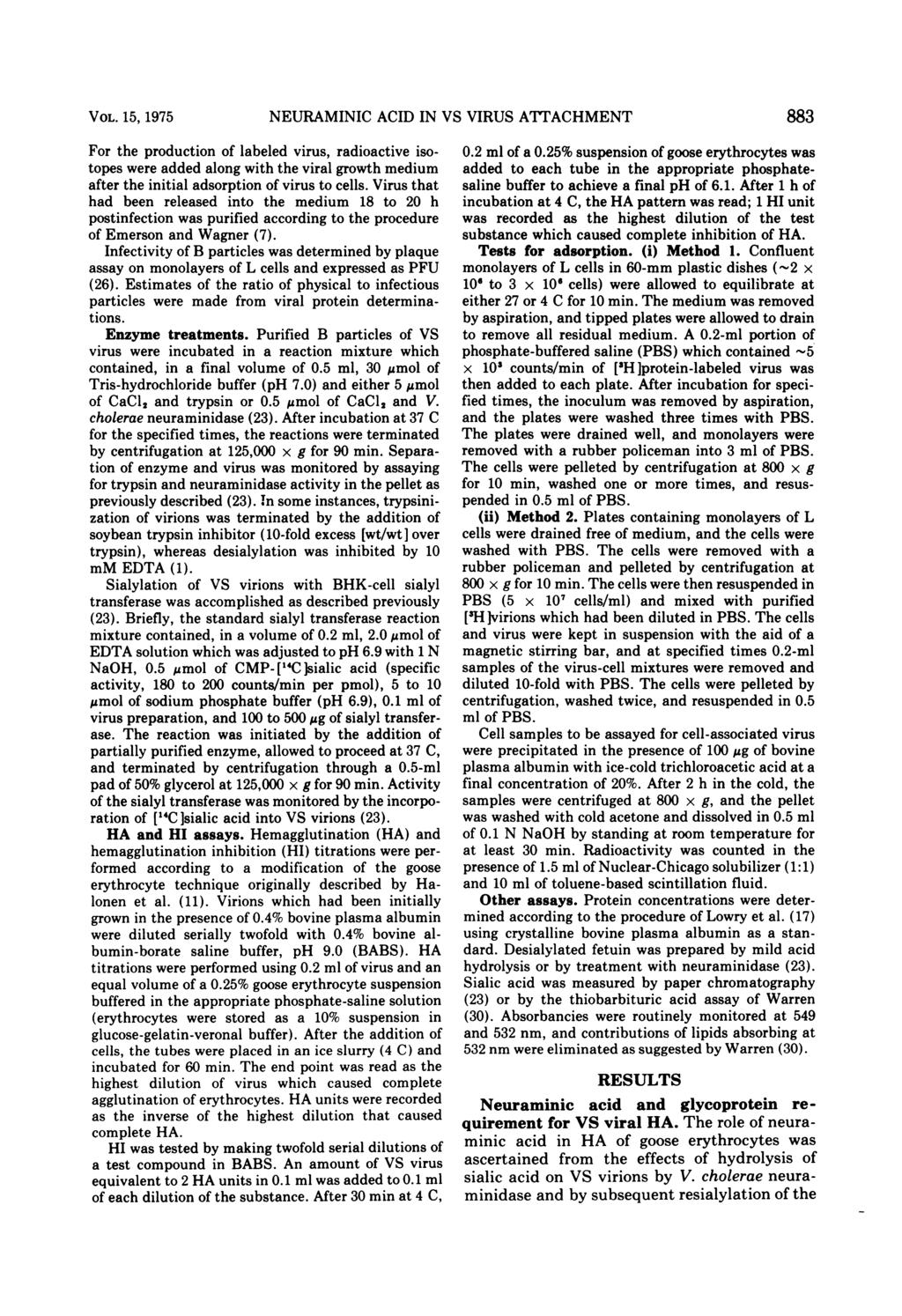 VOL. 15, 1975 For the production of labeled virus, radioactive isotopes were added along with the viral growth medium after the initial adsorption of virus to cells.