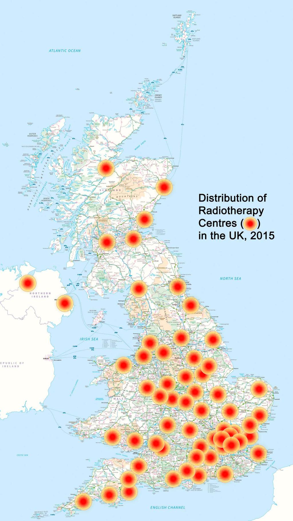 Figure 1 Map of the UK showing the locations of radiotherapy centres with a radius of 13 miles (20 km) drawn around them.