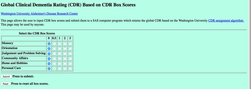 CDR Total score The Global Score for the CDR is obtained by entering the Box scores into the Web form located at: http://www.biostat.wustl.