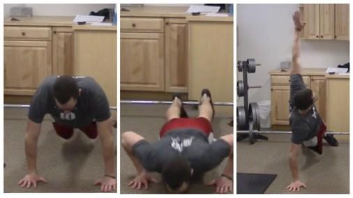Repeat on the opposite side and continue repeating in this alternating fashion. T-Pushups 1. Keep the abs braced and body in a straight line from toes to shoulders. 2.