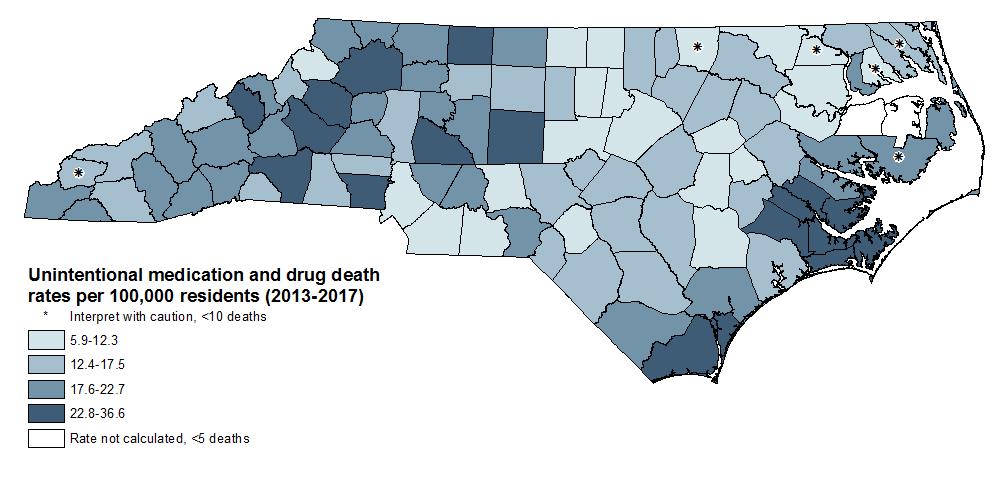 Unintentional Medication & Drug Deaths by County North Carolina Residents, 2013-2017* *Data are provisional and subject to change. Statewide mortality rate (2013-2017*): 16.