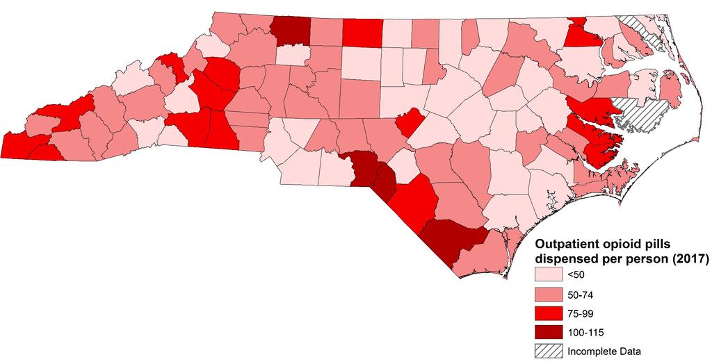 Rate of Outpatient Opioid Pills Dispensed by County per North Carolina Resident, 2017 Statewide dispensing rate (2017): 51 pills per resident Opioid overdose is more common in counties where more