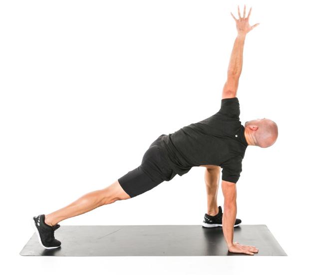 Warm-up WORLD S GREATEST STRETCH 1 MIN From a plank position, bring your right foot to the outside of your right hand.