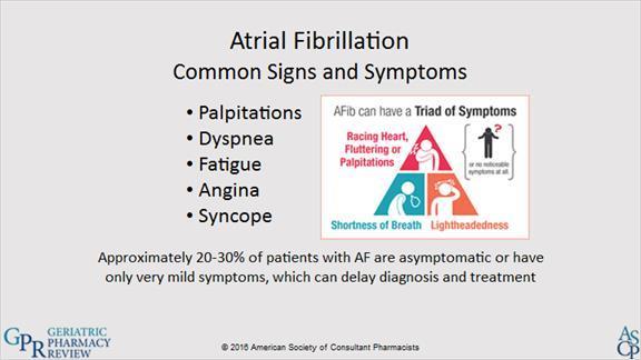 1.13 Atrial Fibrillation Patients with atrial fibrillation may be symptomatic or asymptomatic. Common symptoms include palpitations, dyspnea, fatigue, angina, and syncope.