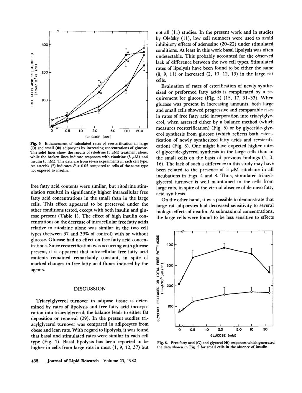 300 1 s-l GLUCOSE (mm) Fig. 5 Enhancement of calculated rates of reesterification in large (0) and small (0) adipocytes by increasing concentrations of glucose.