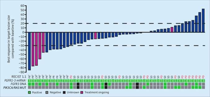 Rogaratinib Efficacy ORR 24% (1 CR, 11 PR); 49% SD; DCR 73% No Patient with response had mutations in either PIK3CA or RAS-encoding genes, but 7 of 14 patients with PD had mutations in either genes