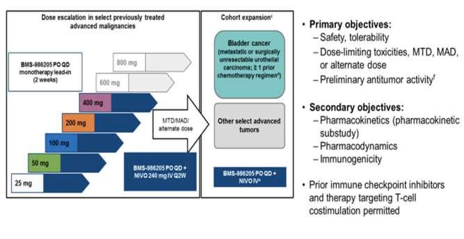 Study Design Phase 1/2a, open label, dose escalation, cohort-expansion Safety, tolerability, efficacy of BMS-986205 alone or combined with NIVO in advanced cancer Dose escalation methods previously