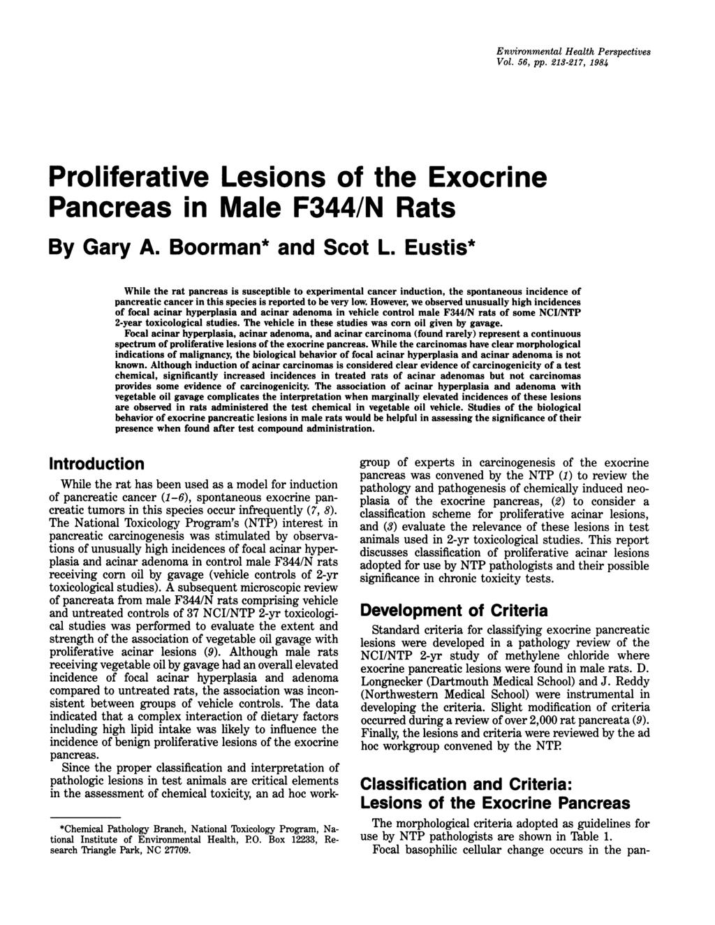 Environmental Health Perspectives Vol. 56, pp. 213-217, 1984 Proliferative Lesions of the Exocrine Pancreas in Male F344/N Rats By Gary A. Boorman* and Scot L.