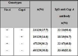 pylori vaca and caga genotypes and IgG anti CagA antibodies in 129 patients.. Figure 1. caga + and caga - samples. Numbers indicate the code of each patient.