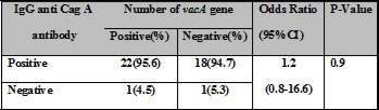 The patients with caga gene negative group, 47/87 (54%) and 40/87 (46%) had vaca gene positive and negative, respectively.