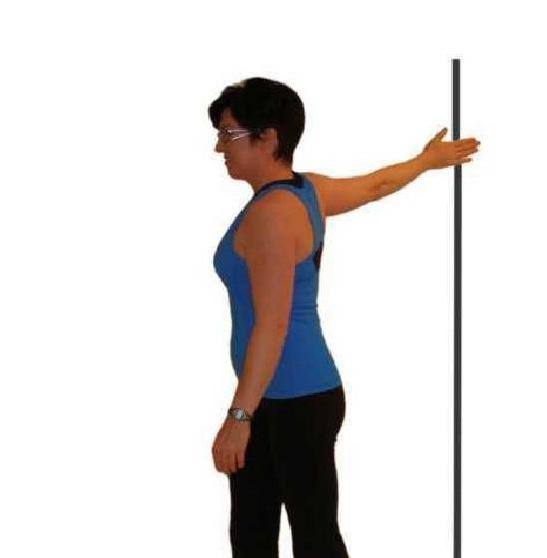 Standing Chest Stretch Find a wall or a pole for support.