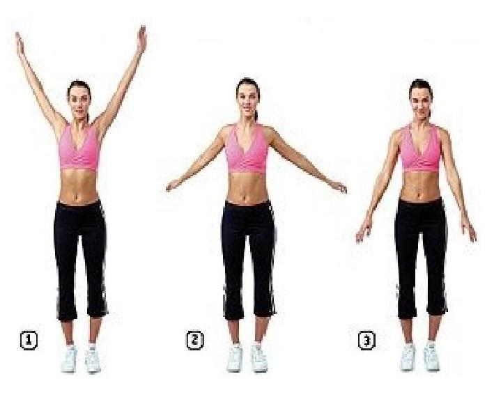 arm swings Stretch your arms out as much as possible. Contract your shoulder blades together.