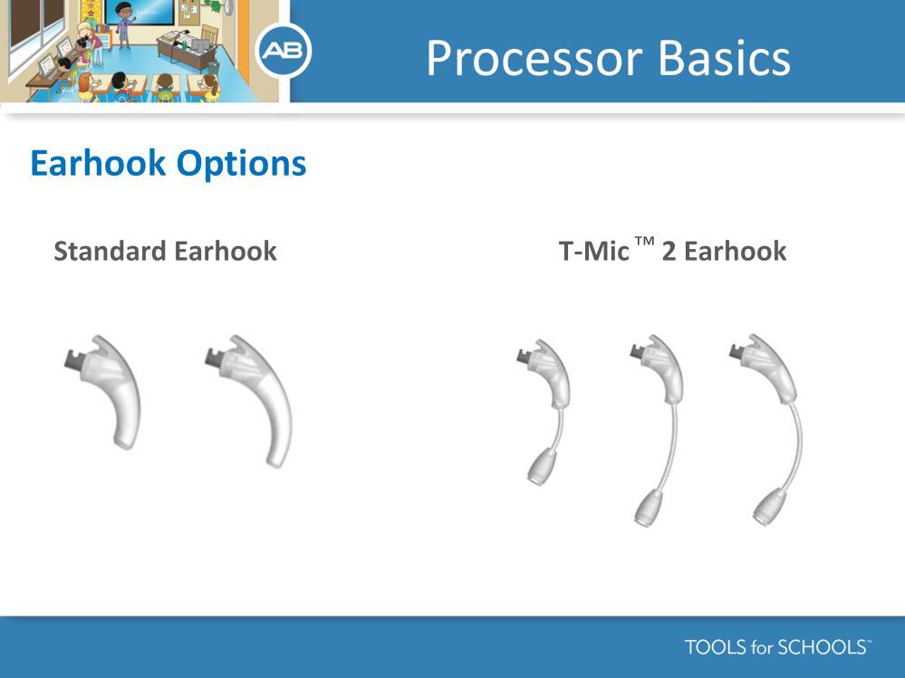 Speaker s Notes: There are 2 options for earhooks with the Naida CI. There is the standard earhook for retention on the ear which comes in a small and large size. There is also the T-mic 2 earhook.