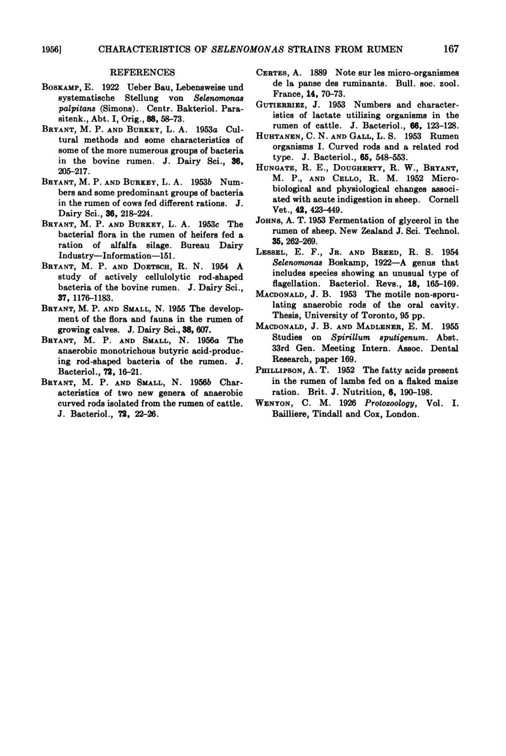 19561 CHARACTERISTICS OF SELENOMONAS STRAINS FROM RUMEN 167 REFERENCES BOSKAMP, E. 1922 Ueber Bau, Lebensweise und systematische Stellung von Selenomonas palpitans (Simons). Centr. Bakteriol.