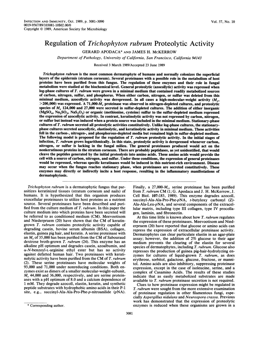 INFECTION AND IMMUNITY, OCt. 1989, p. 3081-3090 0019-9567/89/103081-10$02.00/0 Copyright 1989, American Society for Microbiology Vol. 57, No.