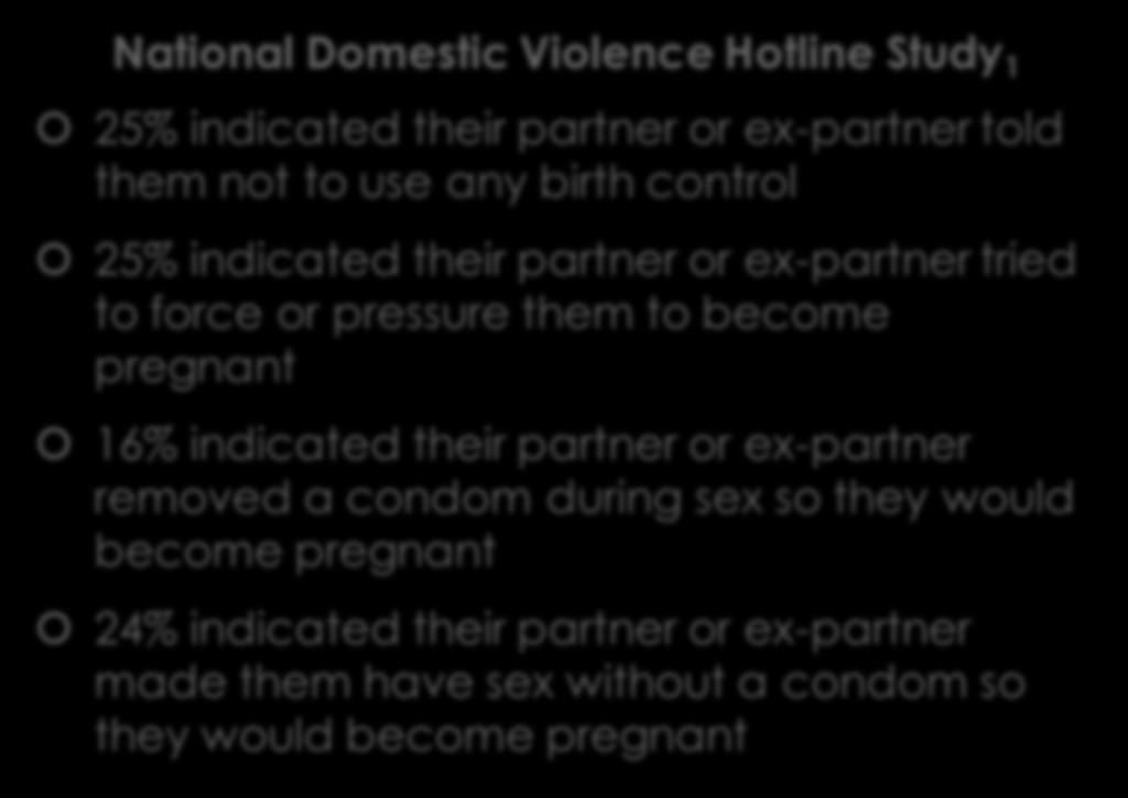 Prevalence National Domestic Violence Hotline Study 1 25% indicated their partner or ex-partner told them not to use any birth control 25% indicated their partner or ex-partner tried to force or
