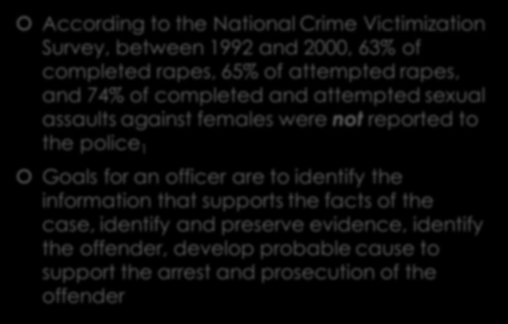 Guide for Law Enforcement According to the National Crime Victimization Survey, between 1992 and 2000, 63% of completed rapes, 65% of attempted rapes, and 74% of completed and attempted sexual