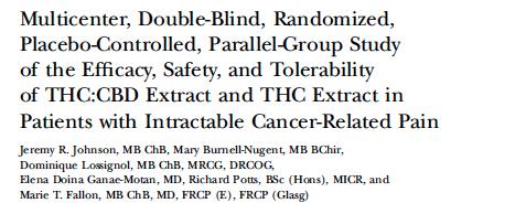 Cancer pain Patients with advanced cancer and inadequate analgesia despite chronic opioid dosing were treated with THC extract or THC:CBD