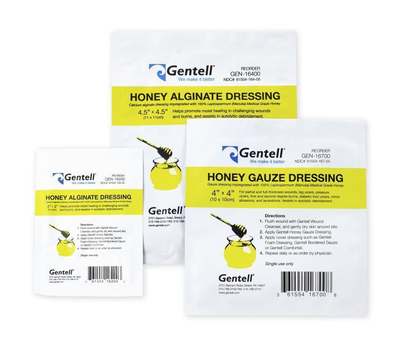 Honey Dressings Description: Promotes a moisture balanced environment that eliminates bacteria and multiresistant bacteria in the wound bed. Cleanses and debrides while lowering overall wound ph.