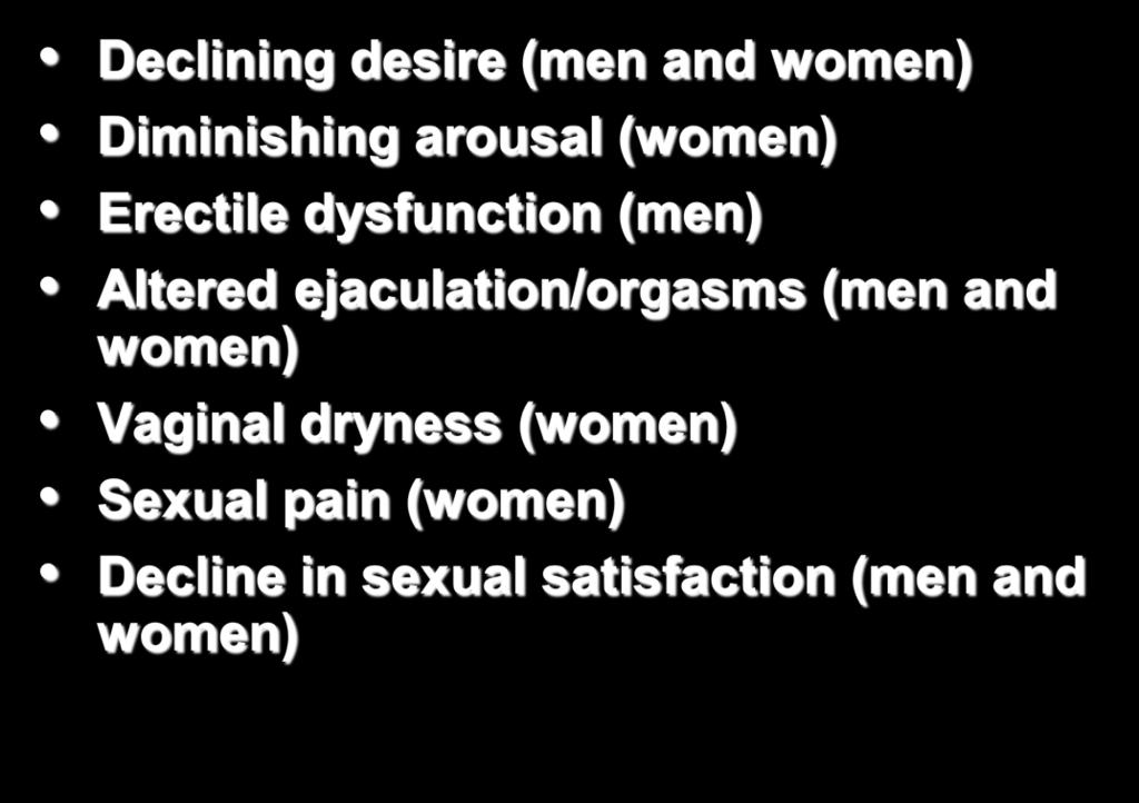 Medical Illness: Effect on Sexual Function Declining desire (men and women) Diminishing arousal (women) Erectile dysfunction (men)