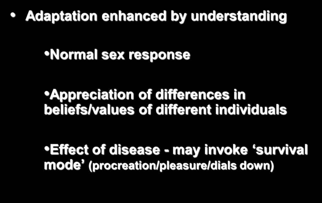 Dealing with SD Psychosexual Approach Adaptation enhanced by understanding Normal sex response Appreciation of