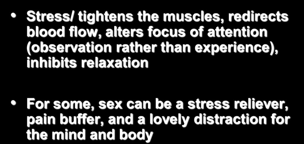 Dealing with SD Role of stress Stress/ tightens the muscles, redirects blood flow, alters focus of attention (observation rather