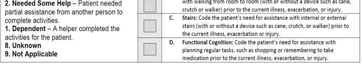 C Stairs would be coded Not Applicable (9) Takes the place of M1900 Patient or family