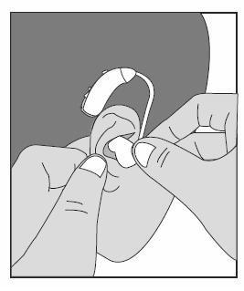 PLACING THE HEARING AID IN YOUR EAR Gently pull the outer ear backwards and upwards with one hand, and, using the other hand, slowly insert the ear plug into the ear canal.